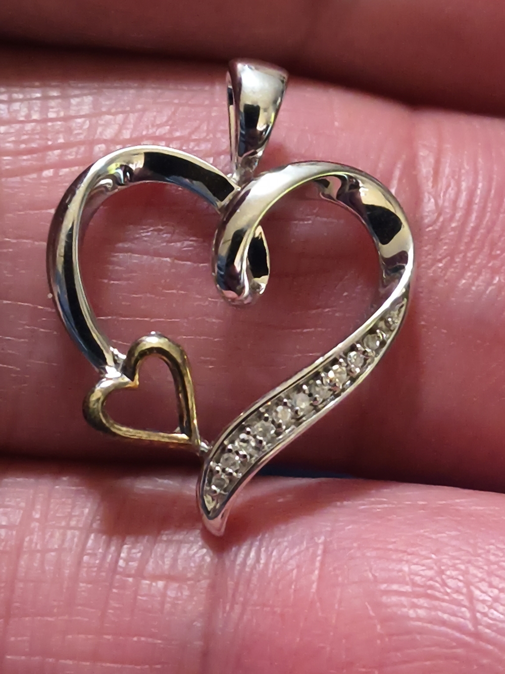 Vintage Sterling Silver, 10k Yellow Gold, & Diamond Heart Pendant Signed